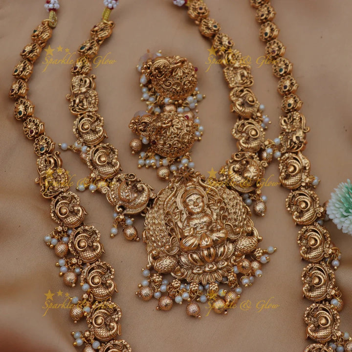 Exquisite Lakshmi Bridal Long Necklace Set in Gold