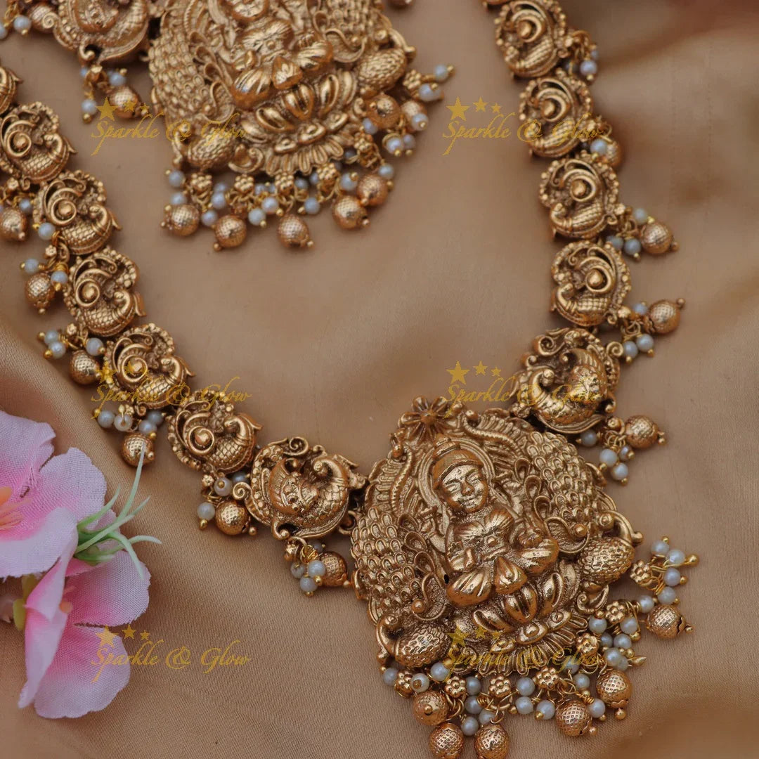 Exquisite Lakshmi Bridal Long Necklace Set in Gold