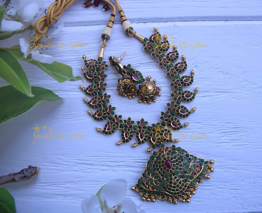 Gold alike polished kemp and cz stones mango style peacock necklace -White - Sparkle and Glow