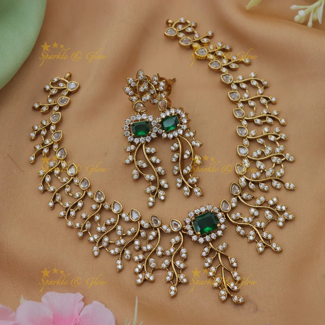 Exquisite American Diamond Leaf & Floral Necklace Set | New Arrival