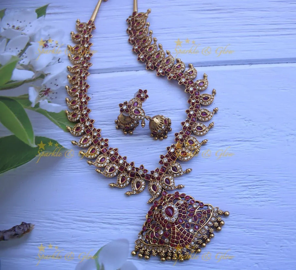 Gold alike polished kemp and cz stones mango style peacock necklace -White 1 - Sparkle and Glow