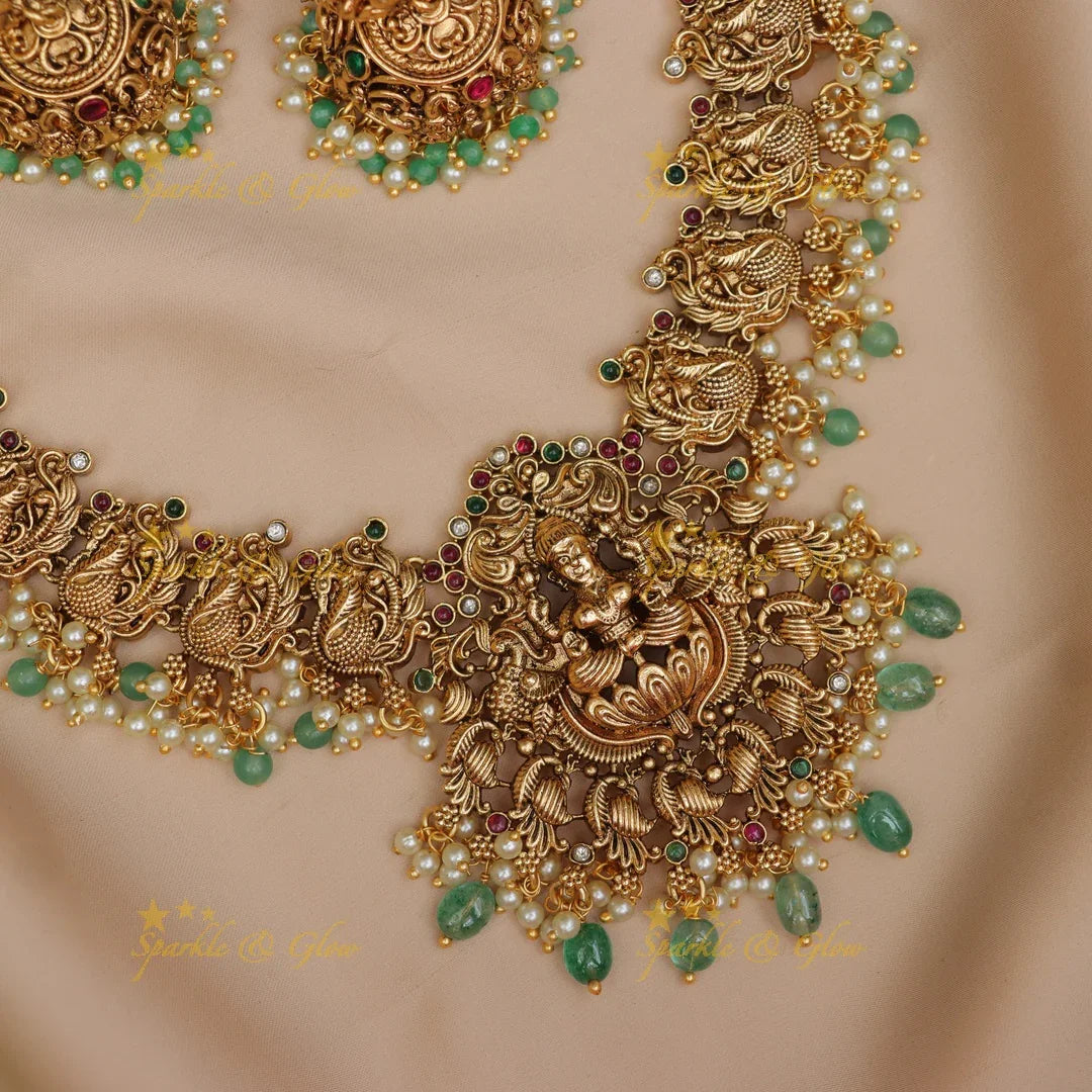 Luxurious Peacock Lakshmi Necklace with Mint Beads