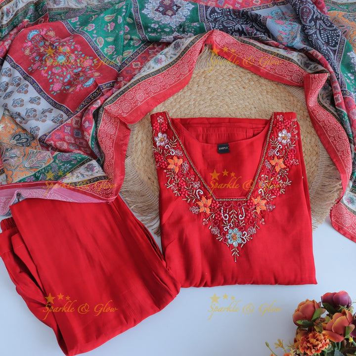 Stunning Modal Silk Kurti pant with digital Print Dupatta set- Red