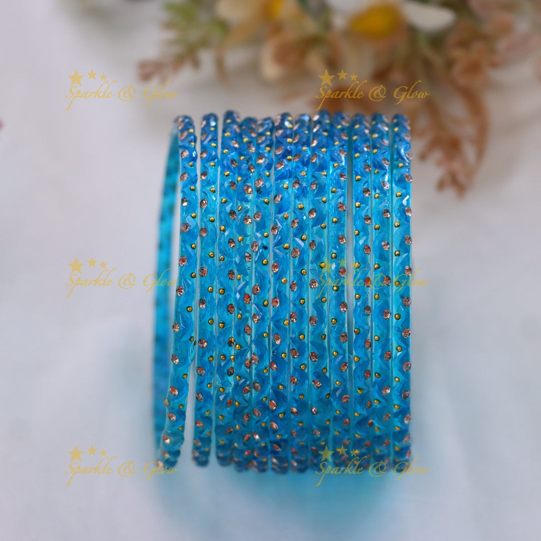 Adorable Glass Bangles with Golden Stone Accents – Set of 12