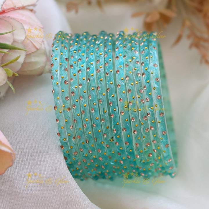 Adorable Glass Bangles with Golden Stone Accents – Set of 12