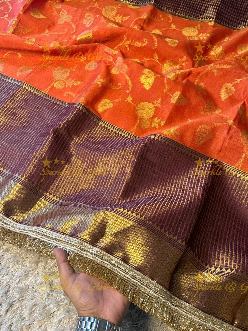 Exquisite Rust Orange Banarasi Saree - Festive Elegance