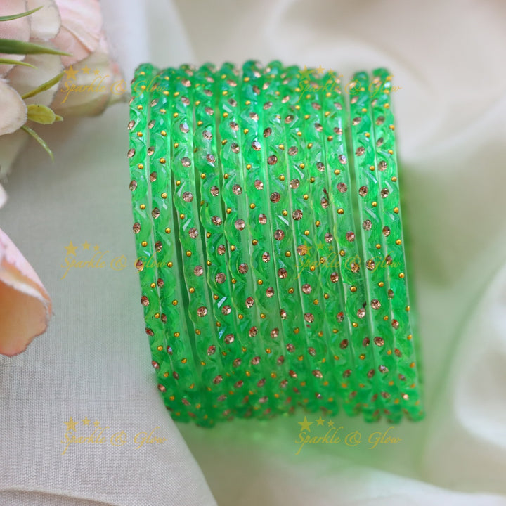 Adorable Glass Bangles with Golden Stone Accents – Set of 12