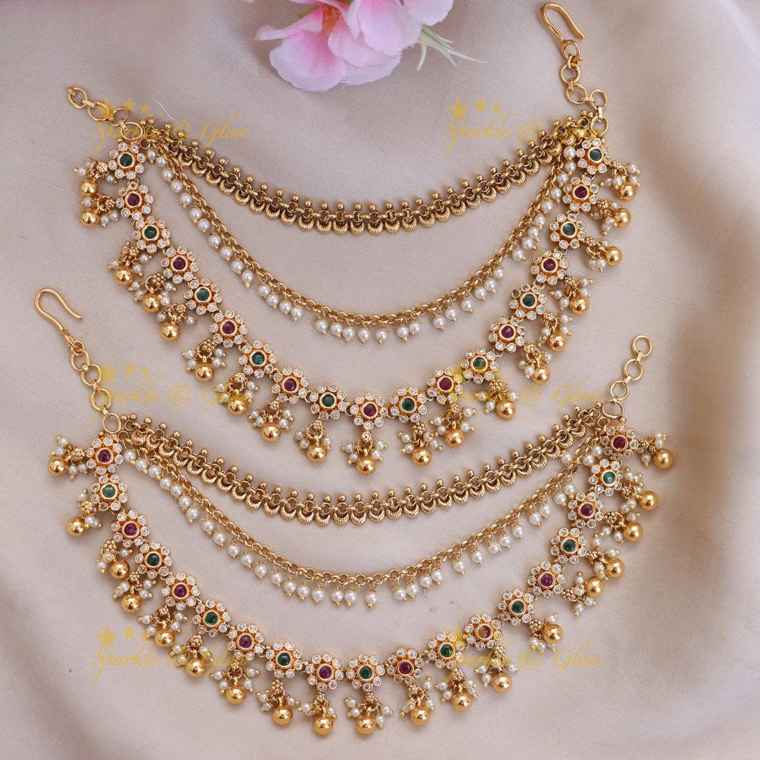 Exquisite Gold alike Earchain with Pearls for Festive Celebrations