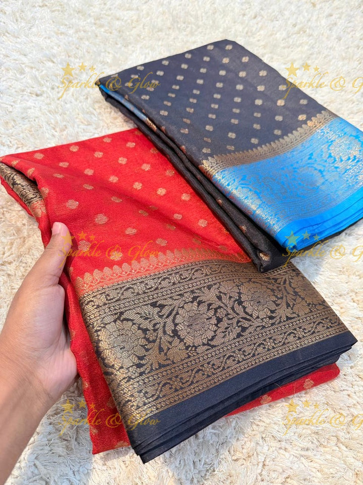 Elegant Banarasi Semi Katan Cotton Silk Saree with Tassels