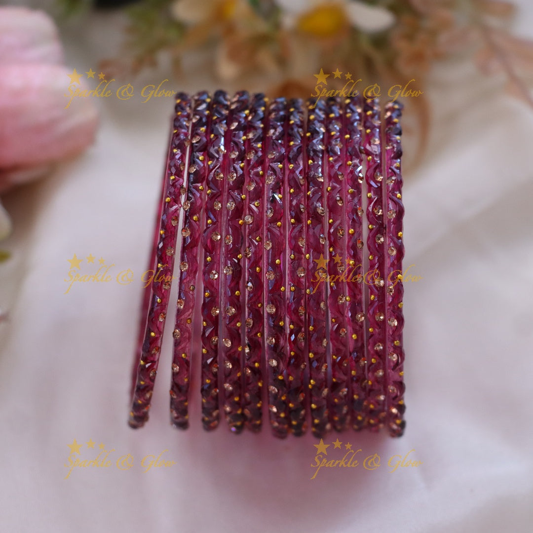 Adorable Glass Bangles with Golden Stone Accents – Set of 12