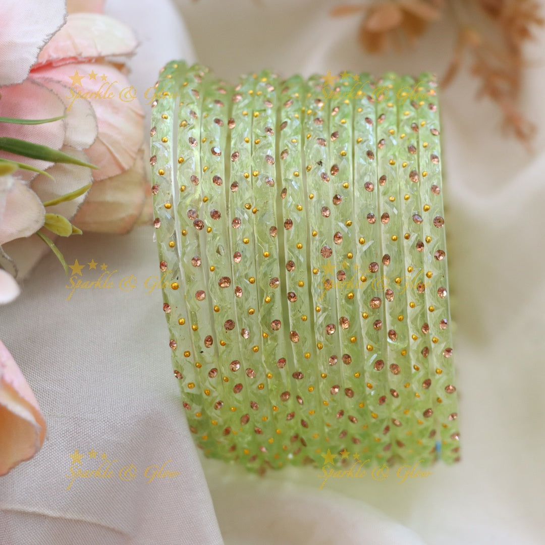 Adorable Glass Bangles with Golden Stone Accents – Set of 12