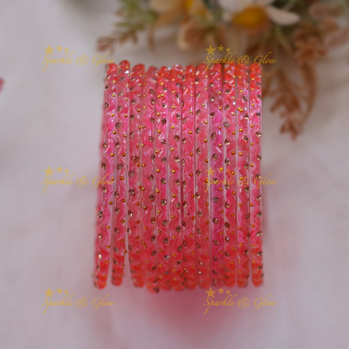 Adorable Glass Bangles with Golden Stone Accents – Set of 12