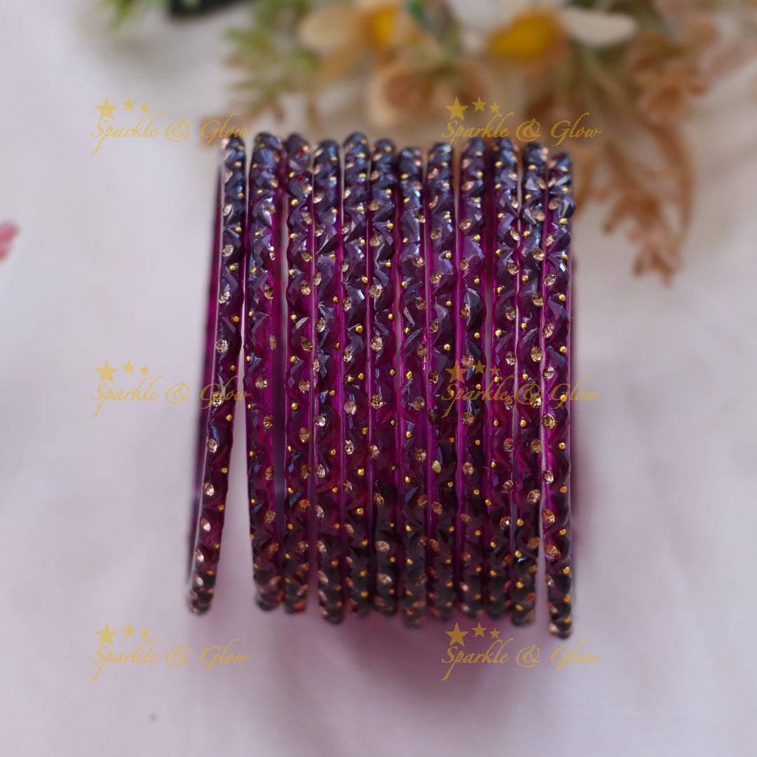 Adorable Glass Bangles with Golden Stone Accents – Set of 12