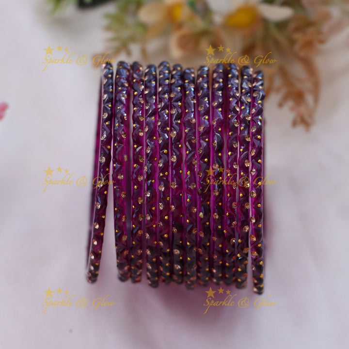 Adorable Glass Bangles with Golden Stone Accents – Set of 12