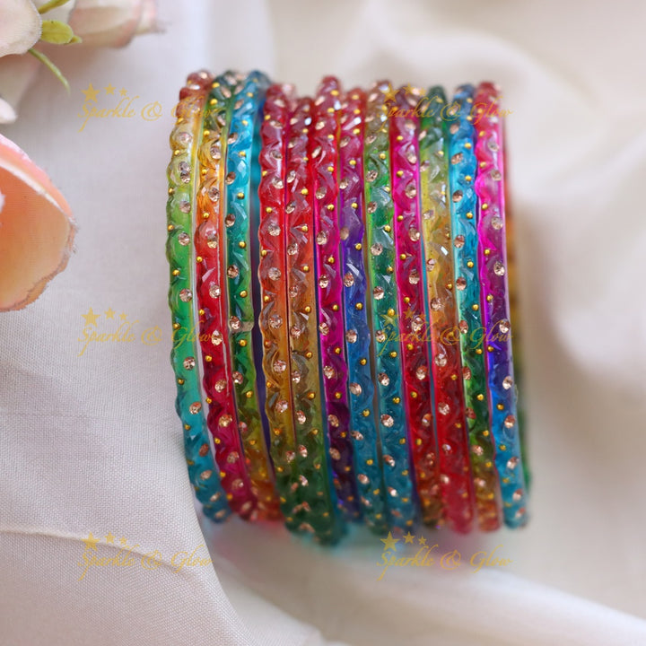 Adorable Glass Bangles with Golden Stone Accents – Set of 12