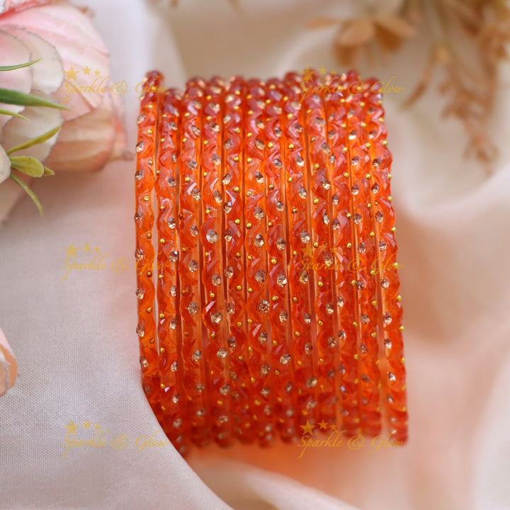 Adorable Glass Bangles with Golden Stone Accents – Set of 12