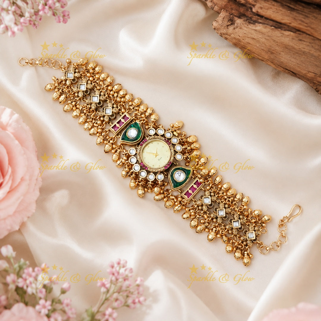 Antique Green Beads Watch Bracelet - Elegant Timepiece