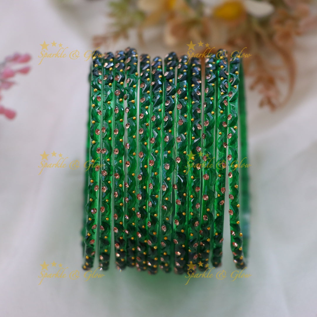 Adorable Glass Bangles with Golden Stone Accents – Set of 12