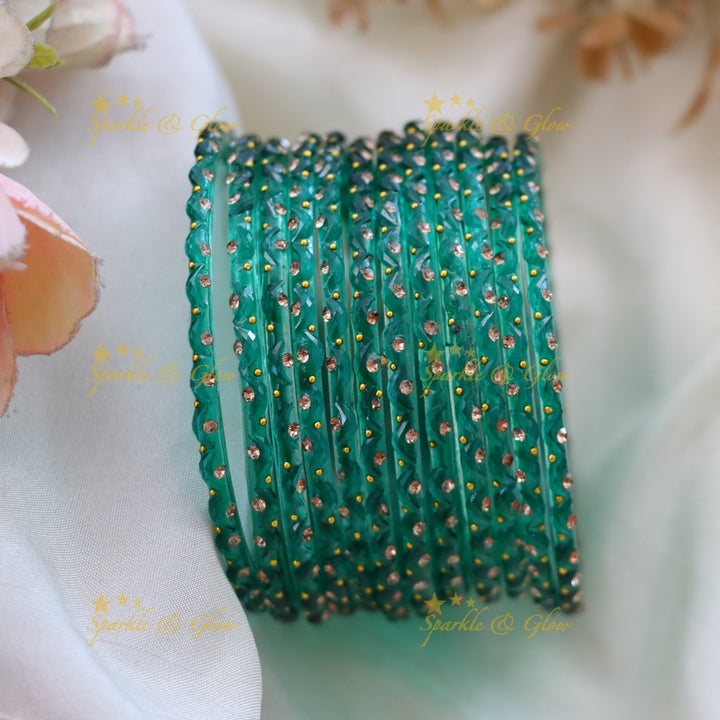 Adorable Glass Bangles with Golden Stone Accents – Set of 12