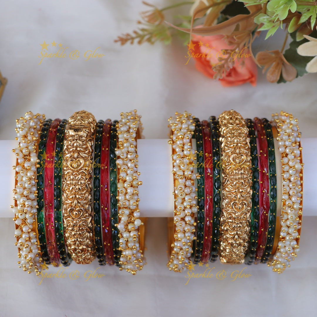 Exquisite Bridal Leaf Pearl Bangles Set for Elegance