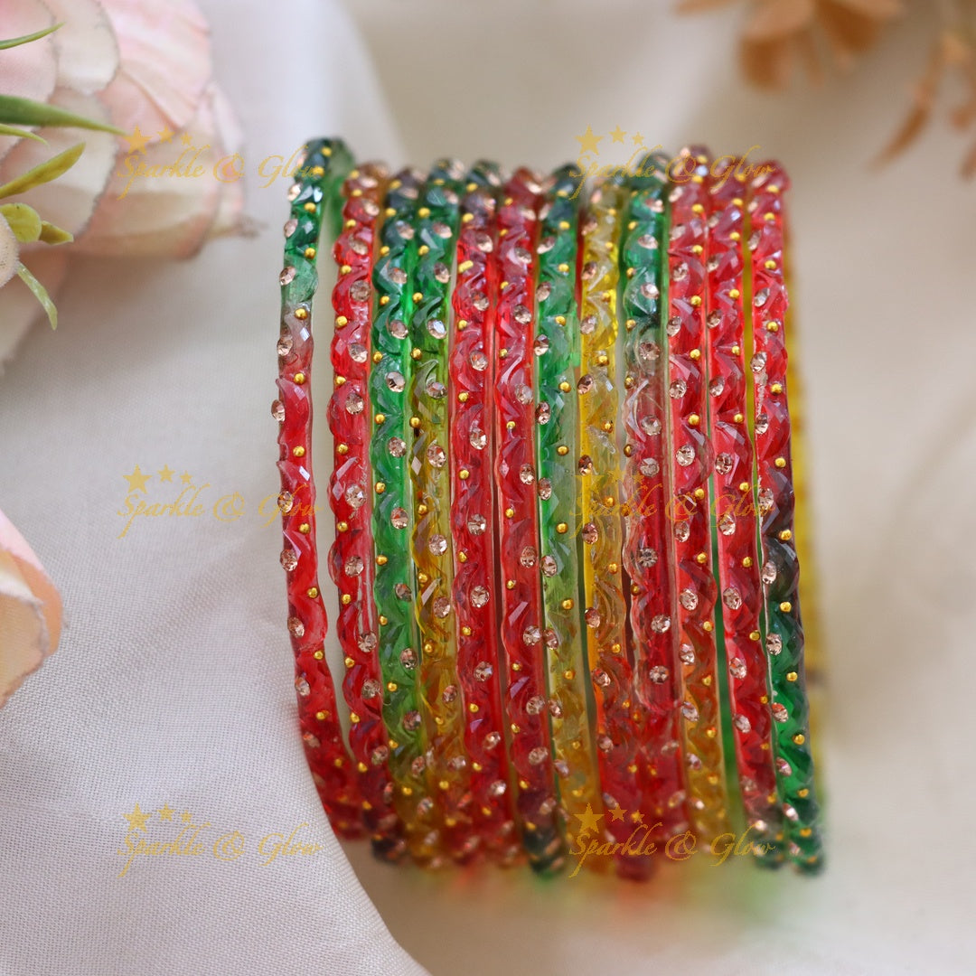Adorable Glass Bangles with Golden Stone Accents – Set of 12