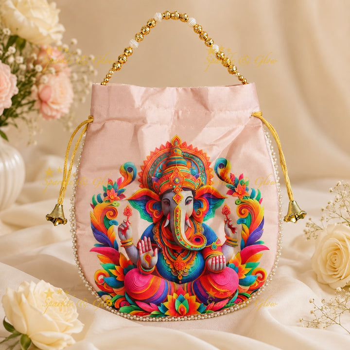 Lord Ganesha Gold Beaded Potli Bags - Set of 10