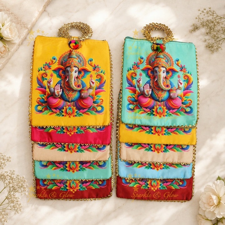 Lord Ganesha Gold Handle Potli Bags - Set of 10