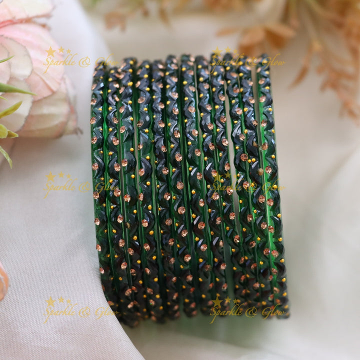 Adorable Glass Bangles with Golden Stone Accents – Set of 12