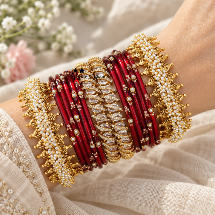 Beautiful Bridal Bangle Set - Red & Gold Elegance