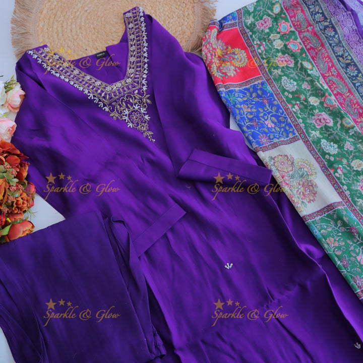 Stunning Modal Silk Kurti pant with digital Print Dupatta set- Purple