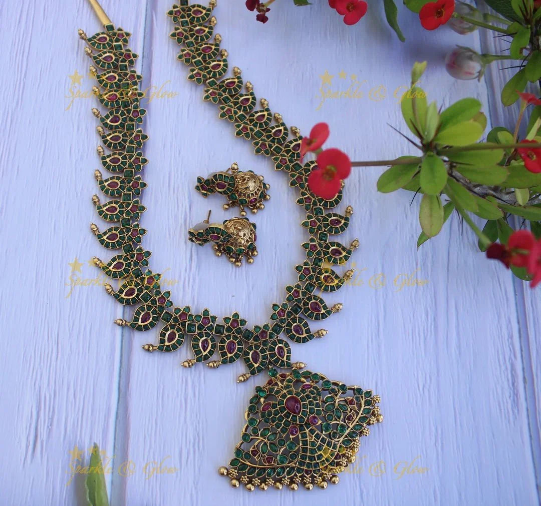 Gold alike polished kemp and cz stones mango style peacock necklace -White 1 - Sparkle and Glow
