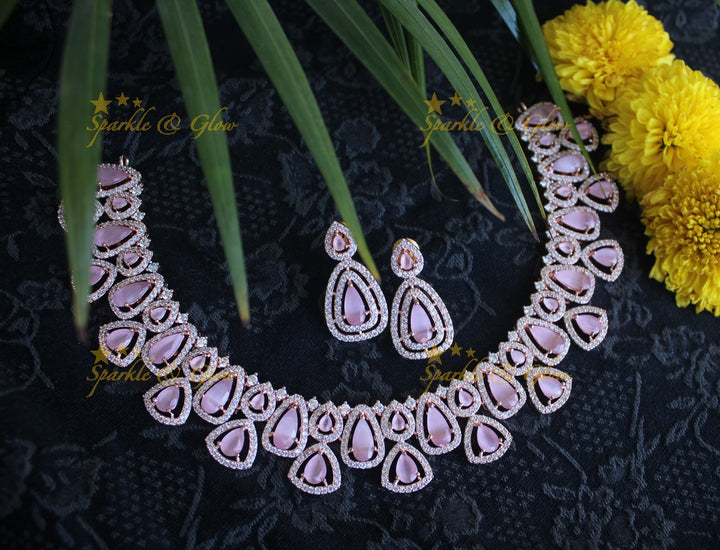 Rose gold beautiful AD stones neckset - Pastel Pink
