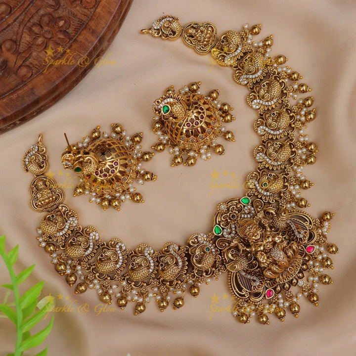 Exquisite Peacock Lakshmi Necklace Set - Festive Gold