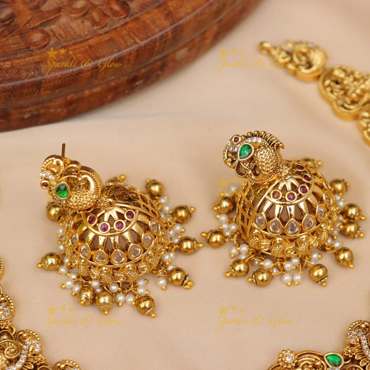 Exquisite Peacock Lakshmi Necklace Set - Festive Gold
