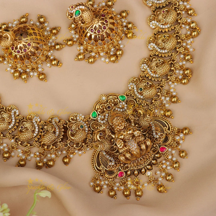 Exquisite Peacock Lakshmi Necklace Set - Festive Gold