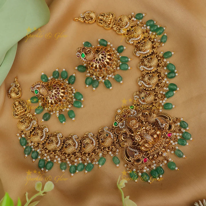 Exquisite Peacock Lakshmi Necklace Set - Festive Gold