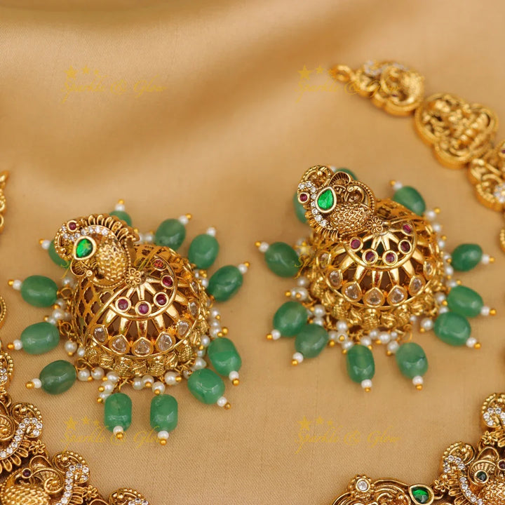 Exquisite Peacock Lakshmi Necklace Set - Festive Gold