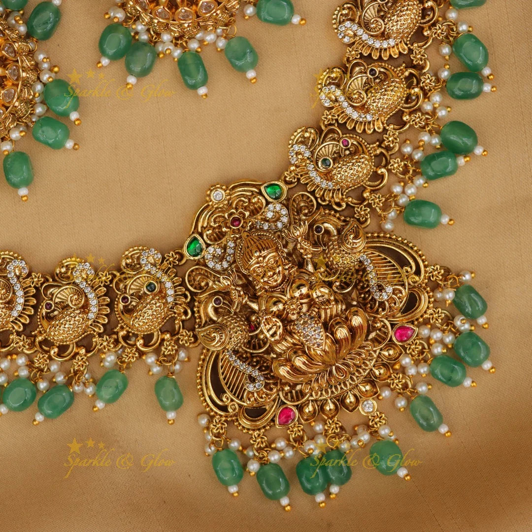 Exquisite Peacock Lakshmi Necklace Set - Festive Gold
