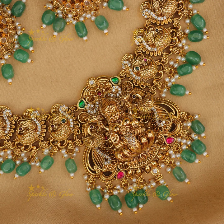 Exquisite Peacock Lakshmi Necklace Set - Festive Gold
