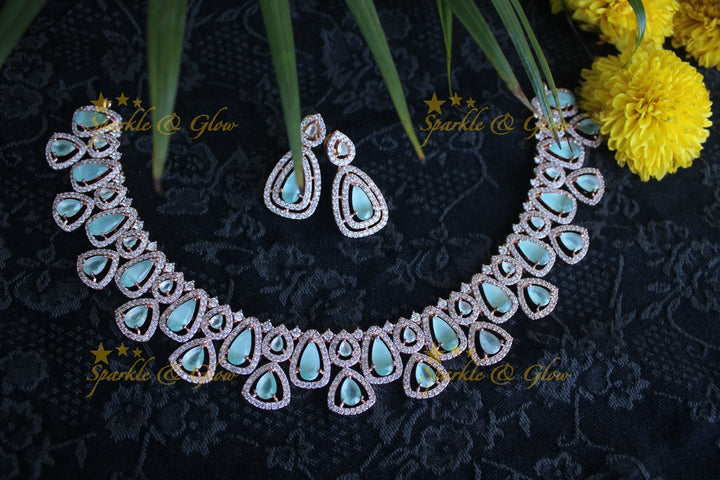 Rose gold beautiful AD stones neckset - Mint Green