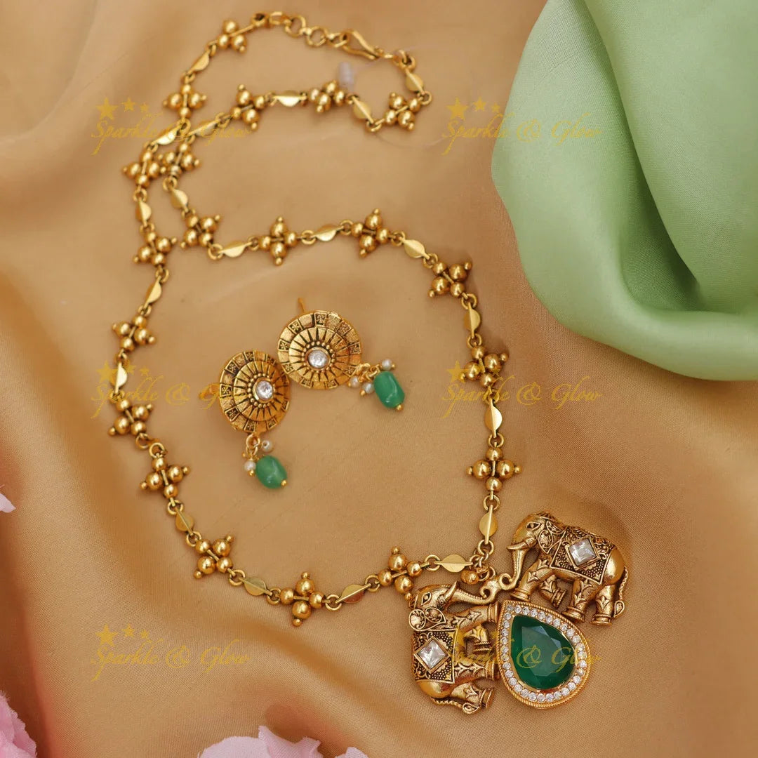 Elegant Bead Type Necklace with Elephant Stone Pendent