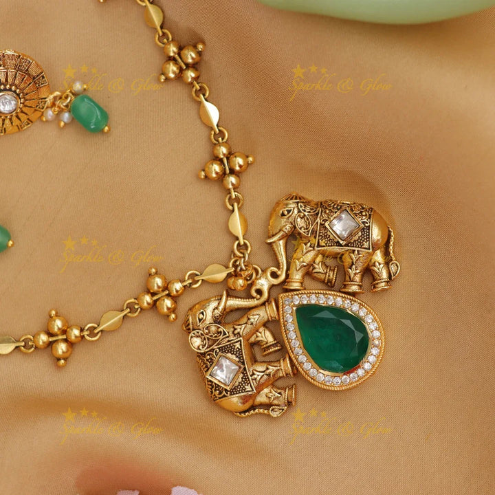 Elegant Bead Type Necklace with Elephant Stone Pendent