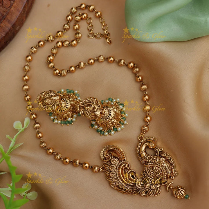 Elegant Bead Necklace Peacock Pendent with Jhumkas