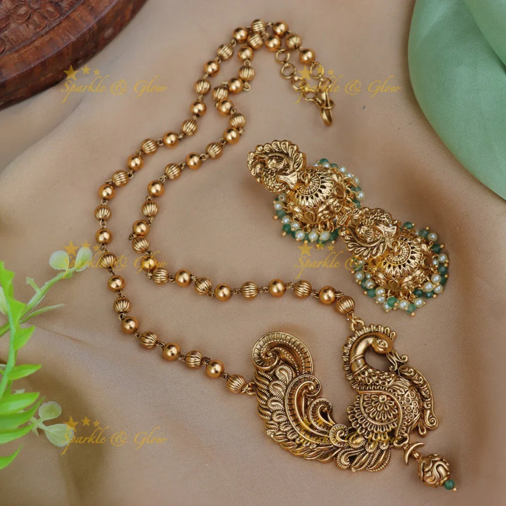 Elegant Bead Necklace Peacock Pendent with Jhumkas