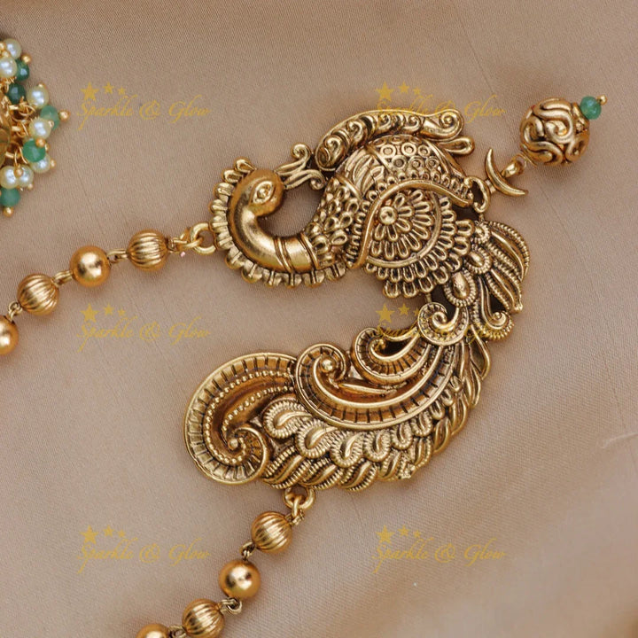 Elegant Bead Necklace Peacock Pendent with Jhumkas