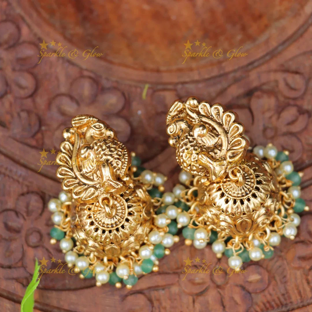 Elegant Bead Necklace Peacock Pendent with Jhumkas