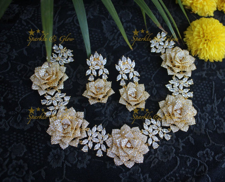 Statement Rose intricate design AD short necklace set - Rose Gold - Sparkle and Glow - Black Metal - Back Thread