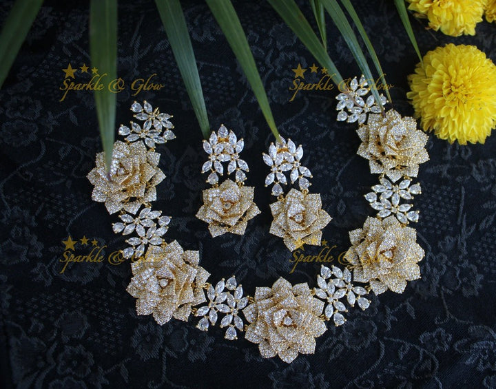 Statement Rose intricate design AD short necklace set - Rose Gold - Sparkle and Glow - Gold - Back Thread