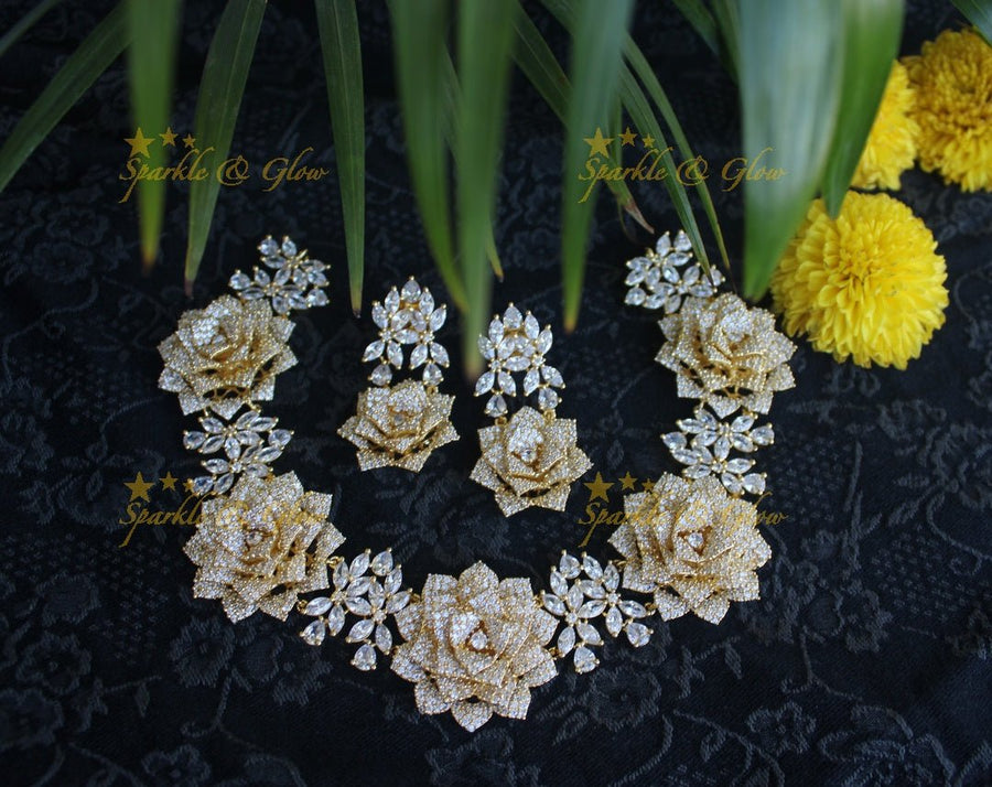 Statement Rose intricate design AD short necklace set - Rose Gold - Sparkle and Glow - Gold - Back Thread