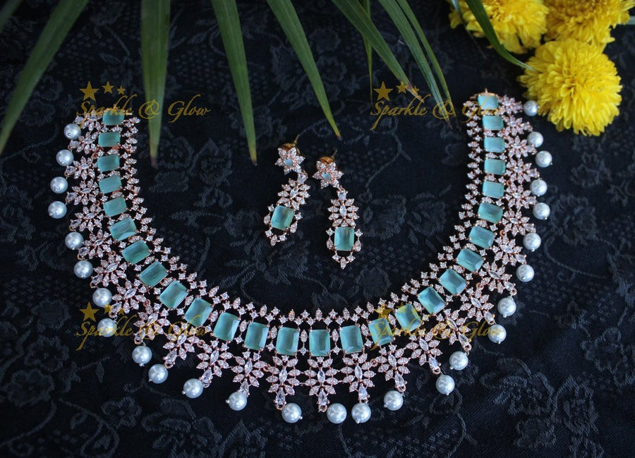 Rose gold beautiful AD stones neckset - Mint Green - Sparkle and Glow - Pink - Back Thread
